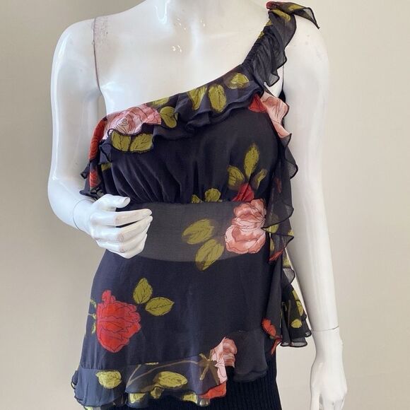 Urban Outfitters Kimchi Blue Black Floral Ruffled Asymmetrical One-Shoulder Top - Picture 3 of 8